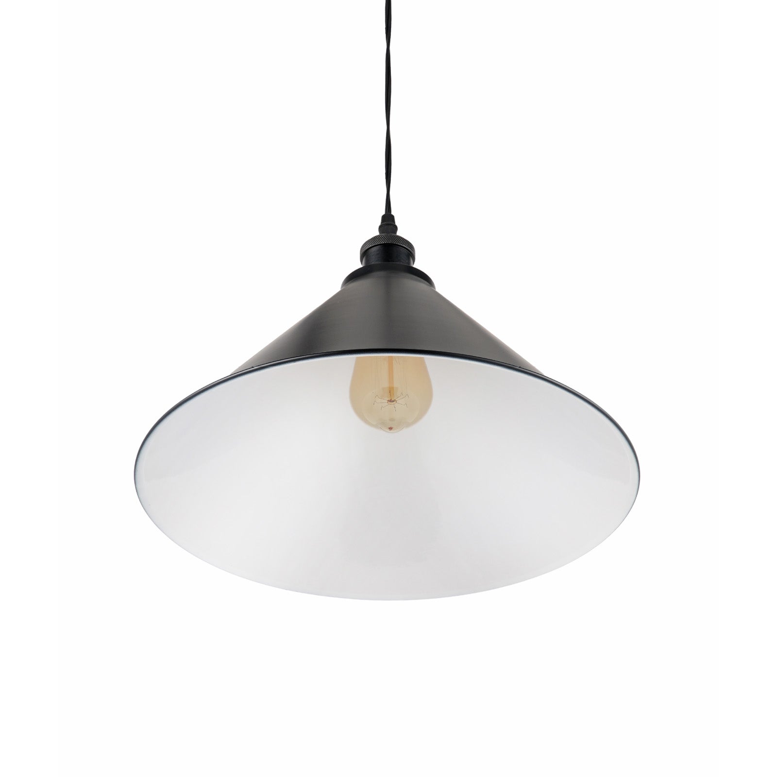 Industrial pendant light with a black lampshade and white interior, for kitchen and home lighting. Vintage style lighting.