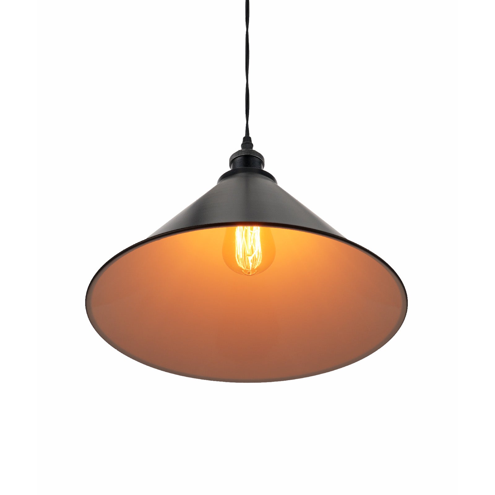 Industrial pendant light with black shade and warm interior, suitable for kitchen and home lighting. Vintage style.