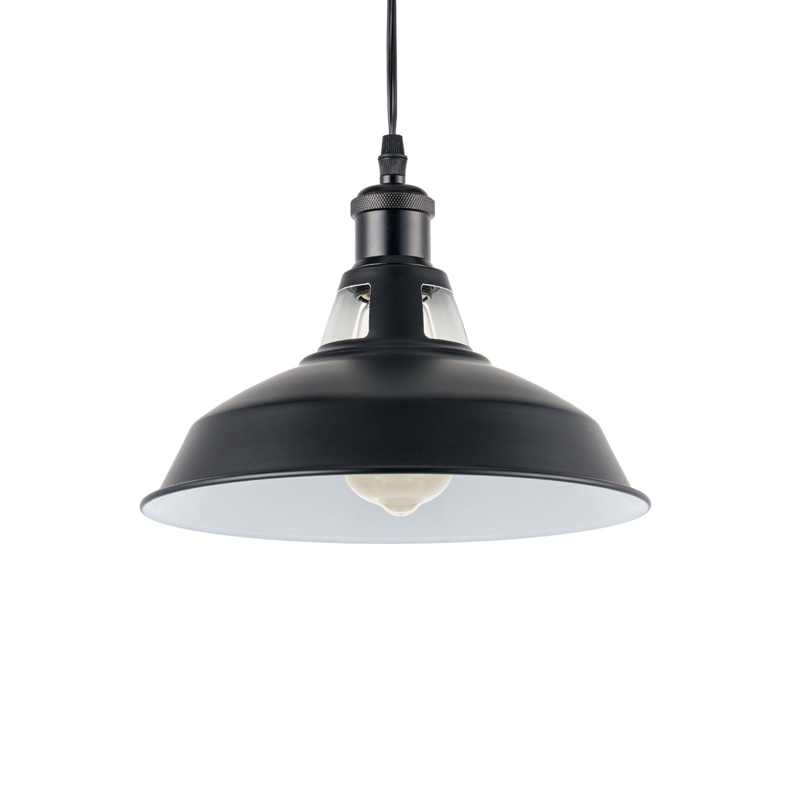 Black industrial pendant light with a white interior, adjustable wire. Vintage lighting fixture for kitchen and home.