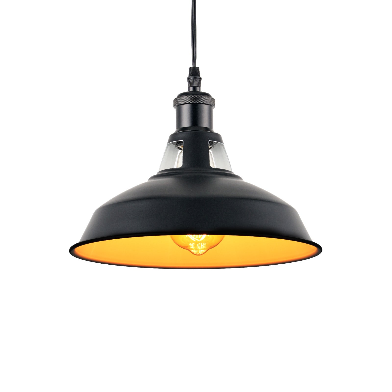 Black industrial pendant light with adjustable wire. Vintage lighting fixture for kitchen and home.