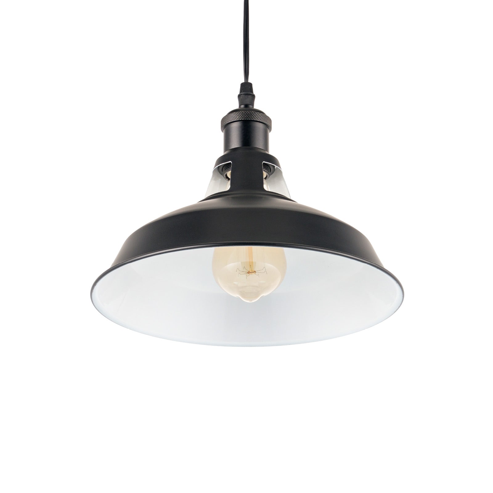Black industrial pendant light with adjustable wire and white interior, vintage style for kitchen and home lighting