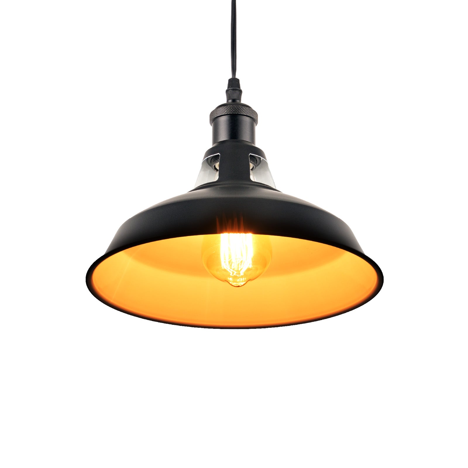Black industrial pendant light with adjustable wire. Vintage-style kitchen and home lighting fixture with a warm interior.