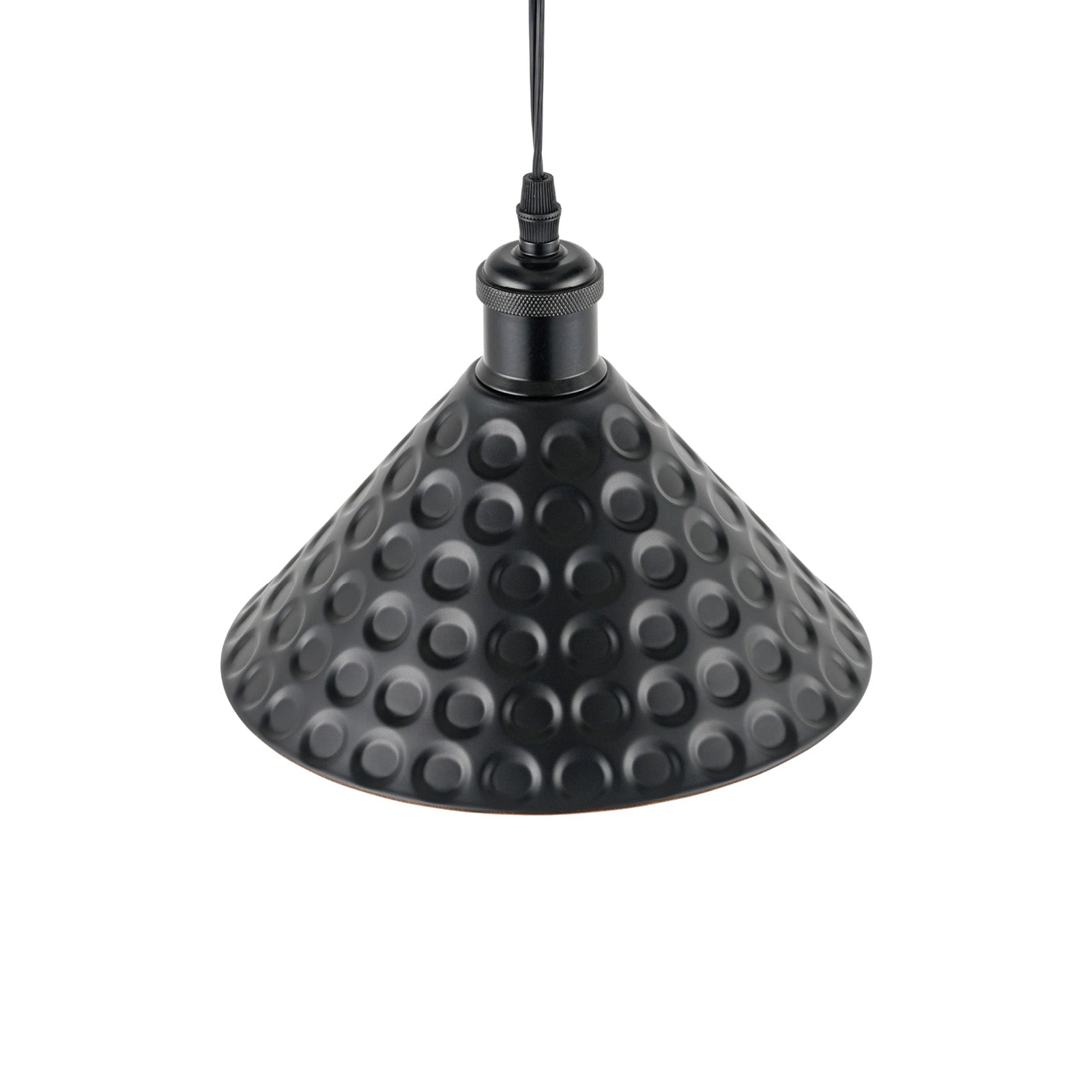 Black industrial pendant light with textured shade, vintage style for kitchen and home lighting.