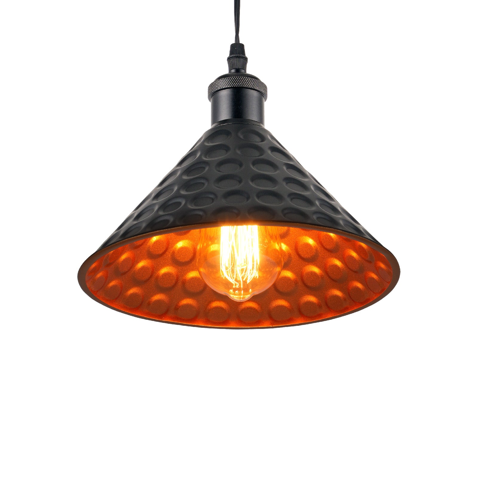 Industrial pendant light with black textured shade and warm orange interior. Vintage pendant lighting for kitchen and home.