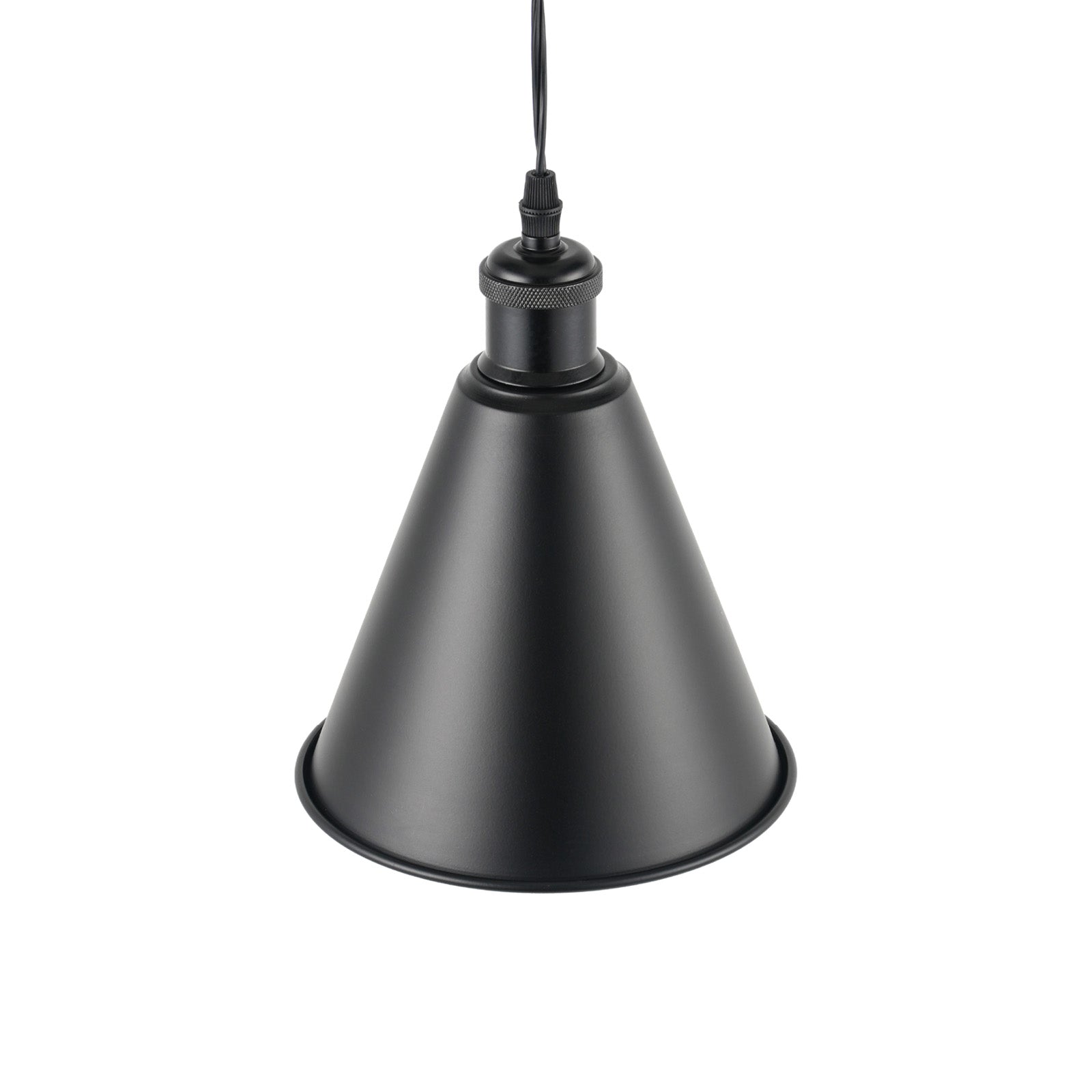 Black cone pendant light with adjustable wire. Vintage industrial style lighting for kitchen and home.