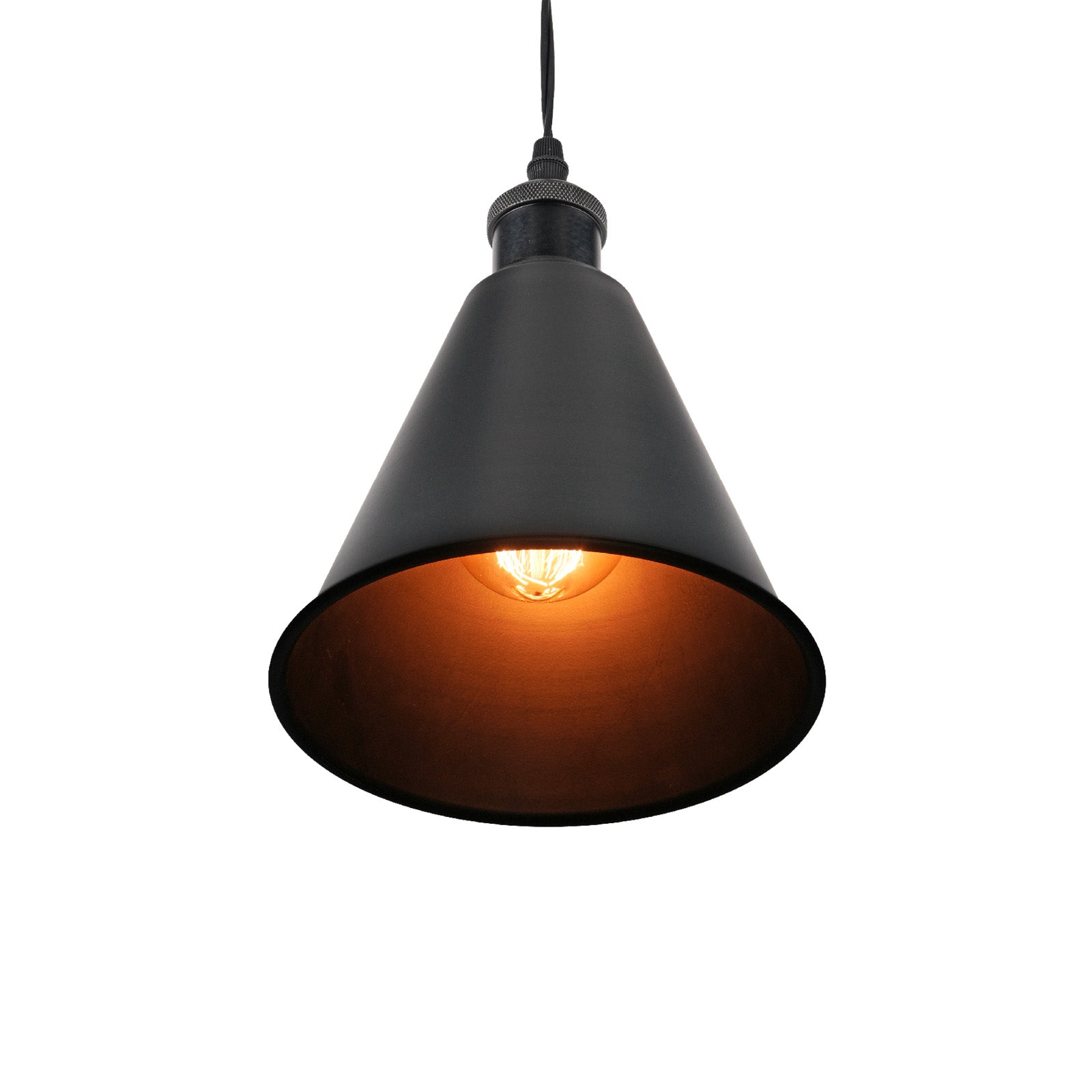 Black cone pendant light, vintage industrial style for kitchen and home. Adjustable wire. E26 bulb (not included)
