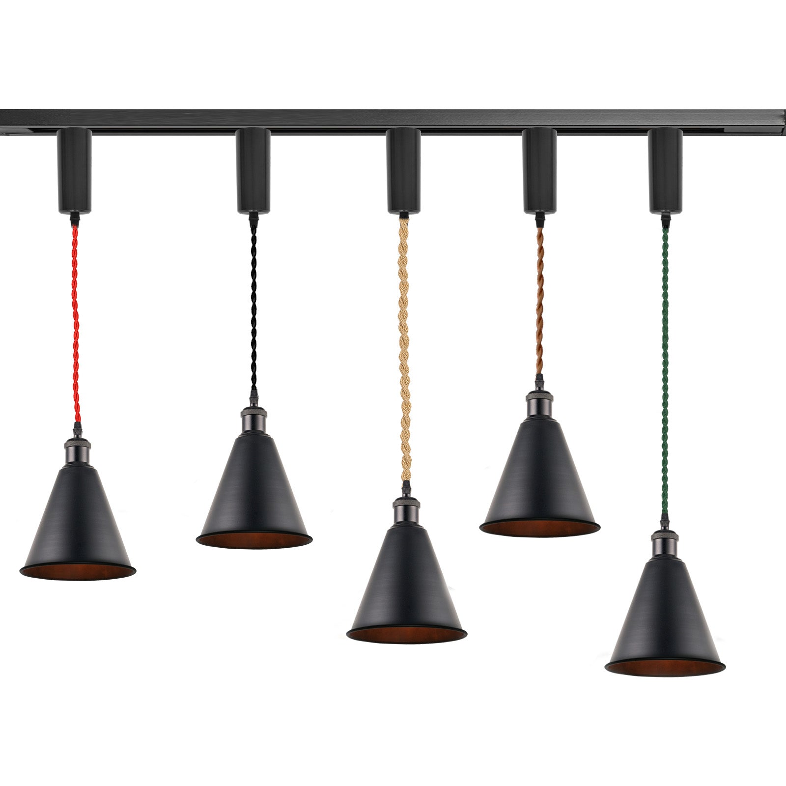 Industrial pendant lights with black shades, colored cords, for kitchen and home. Vintage style, H/J track compatible.