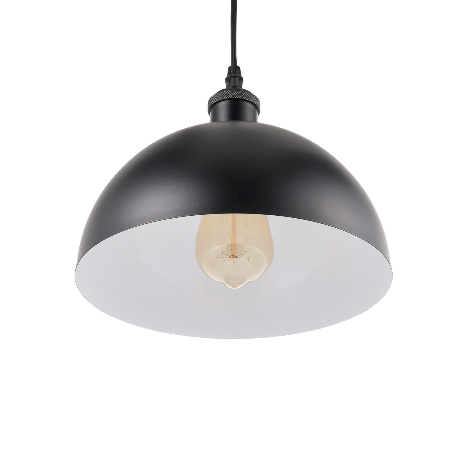 Black industrial pendant light with a white interior and adjustable wire. Vintage style lighting for kitchen and home.