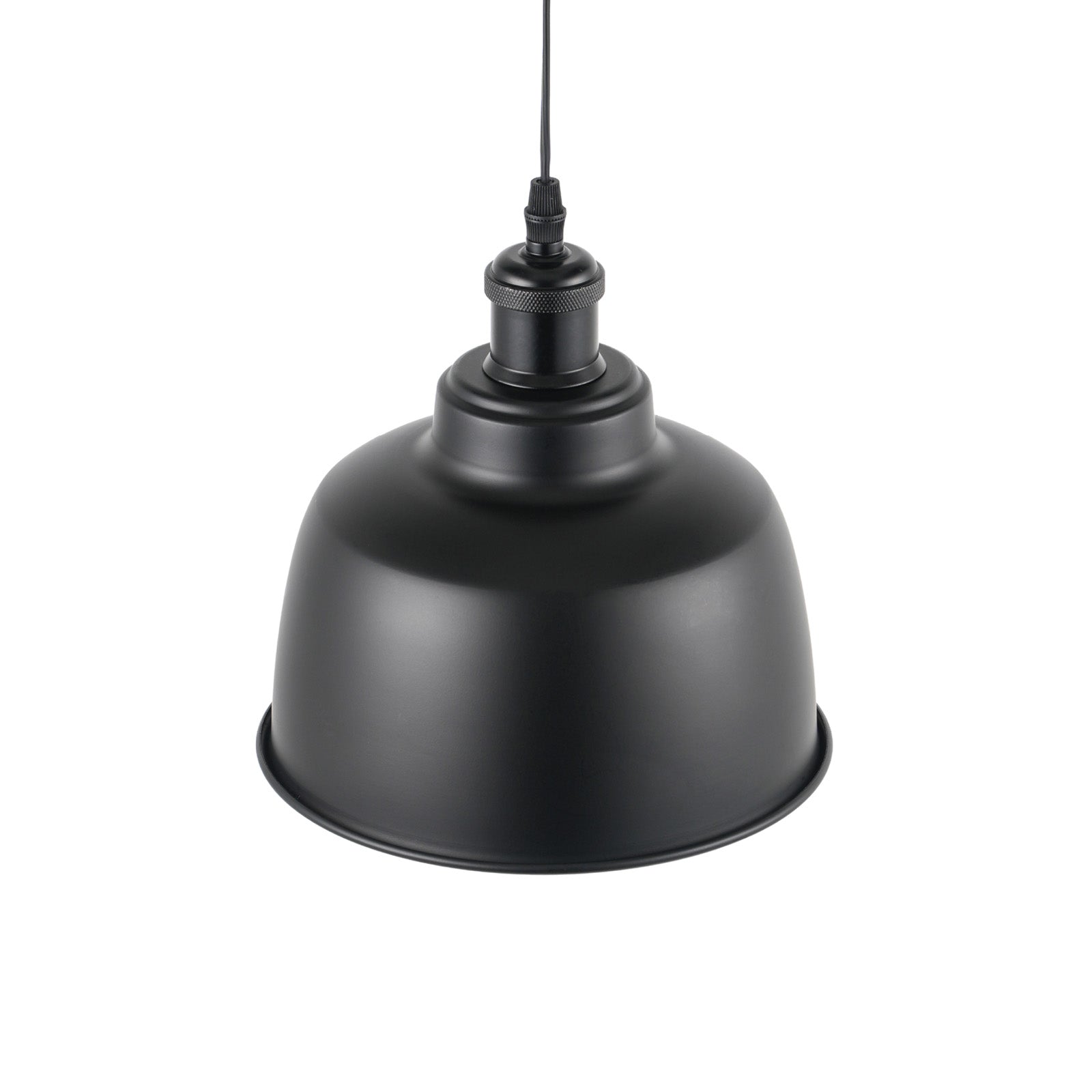Black industrial pendant light with cone shade, adjustable wire. Vintage style kitchen lighting.
