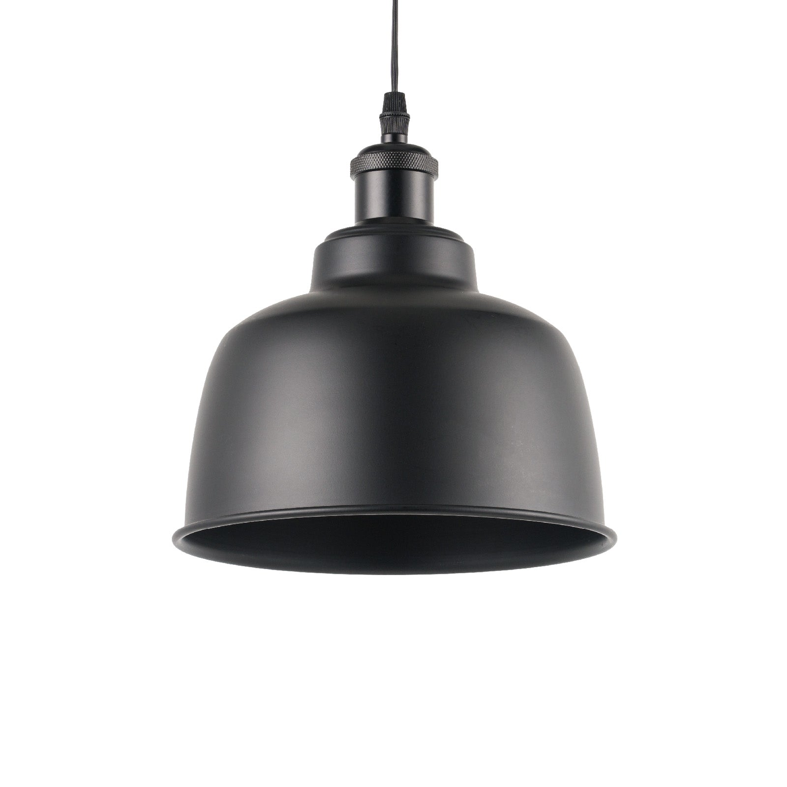 Black industrial pendant light with adjustable wire. Vintage style kitchen lighting fixture.