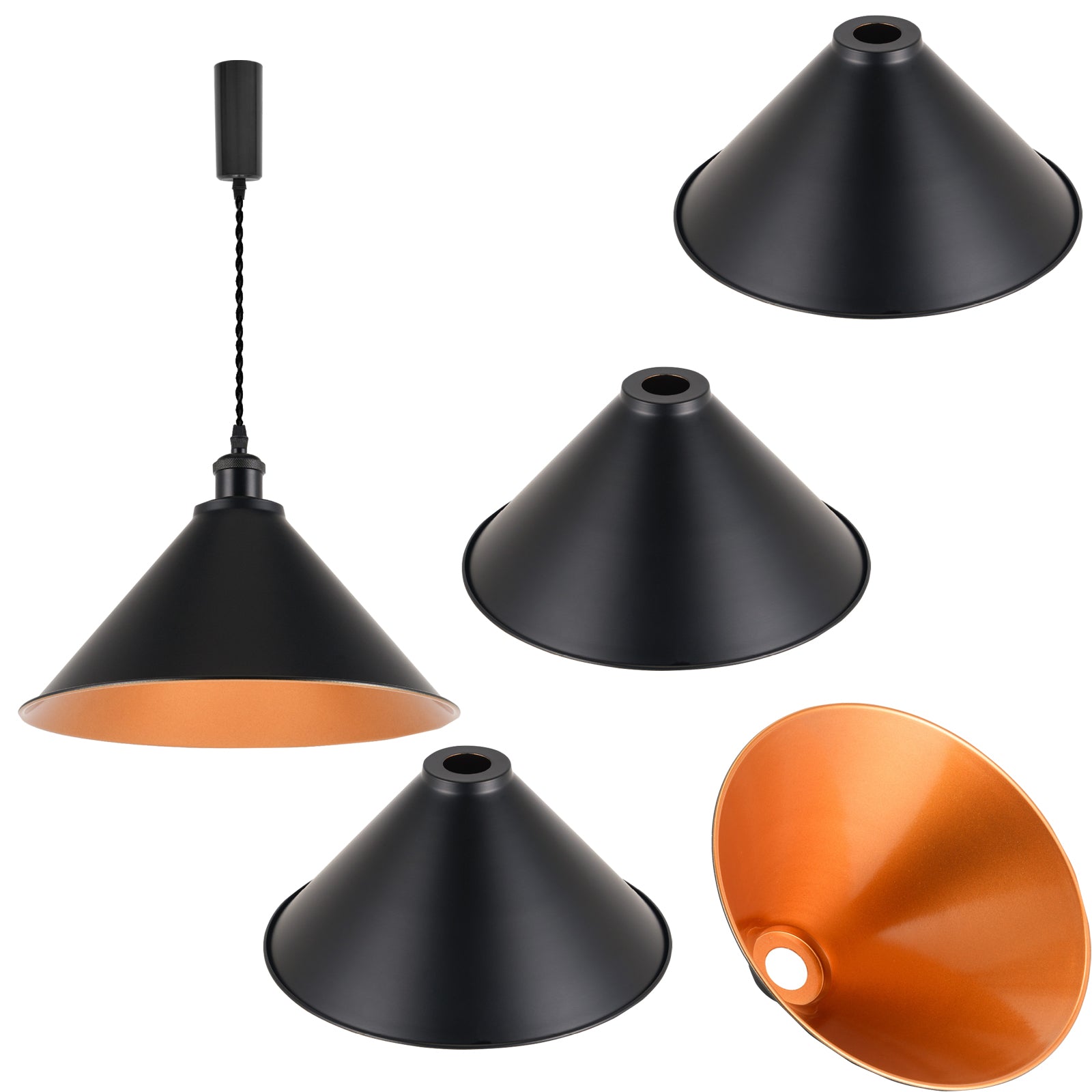 4-piece industrial retro metal bulb shield iron black hanging ceiling cone DIY lamp cover decoration replacement lamp cover is suitable for chandelier desk lamp wall lamp.