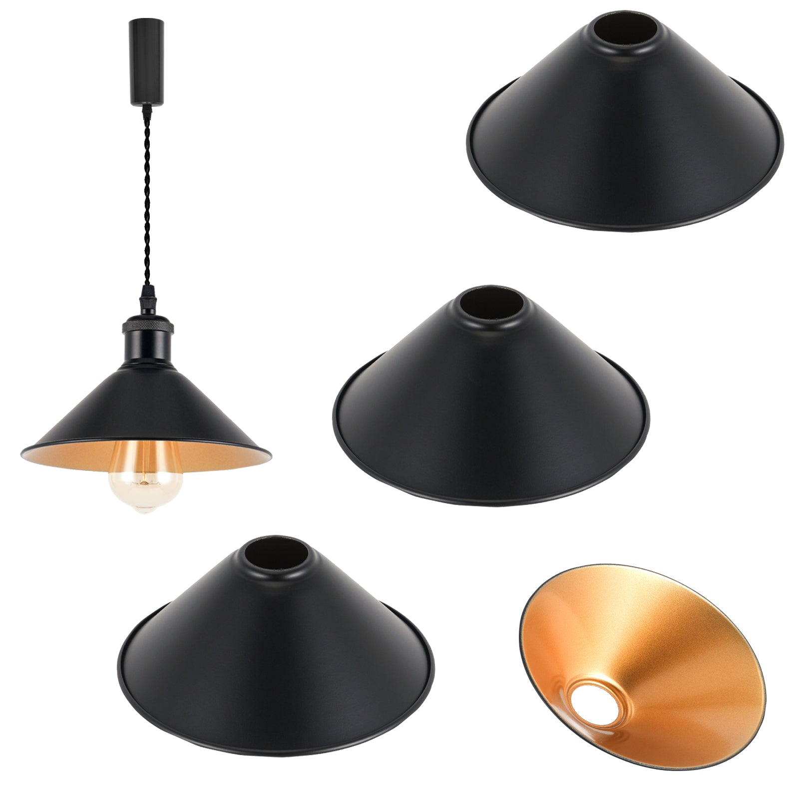 4-piece industrial retro metal bulb shield iron black hanging ceiling cone DIY lamp cover decoration replacement lamp cover is suitable for chandelier desk lamp wall lamp.