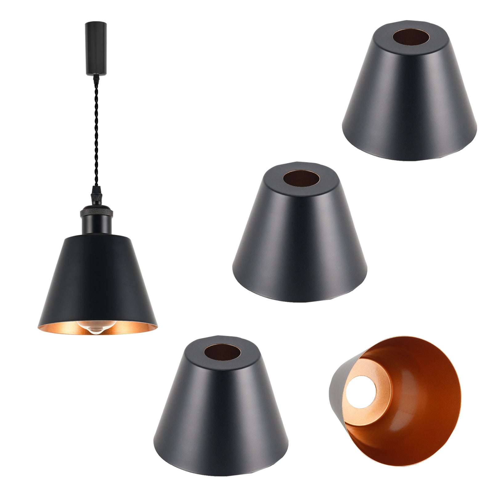 4-piece industrial retro metal bulb shield iron black hanging ceiling cone DIY lamp cover decoration replacement lamp cover is suitable for chandelier desk lamp wall lamp.
