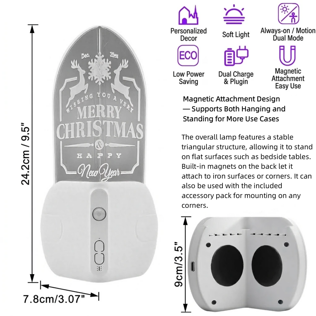Rechargeable Motion Sensor LED Night Light – Wireless Magnetic Corner Accent Light with Laser Engraved Acrylic Plate