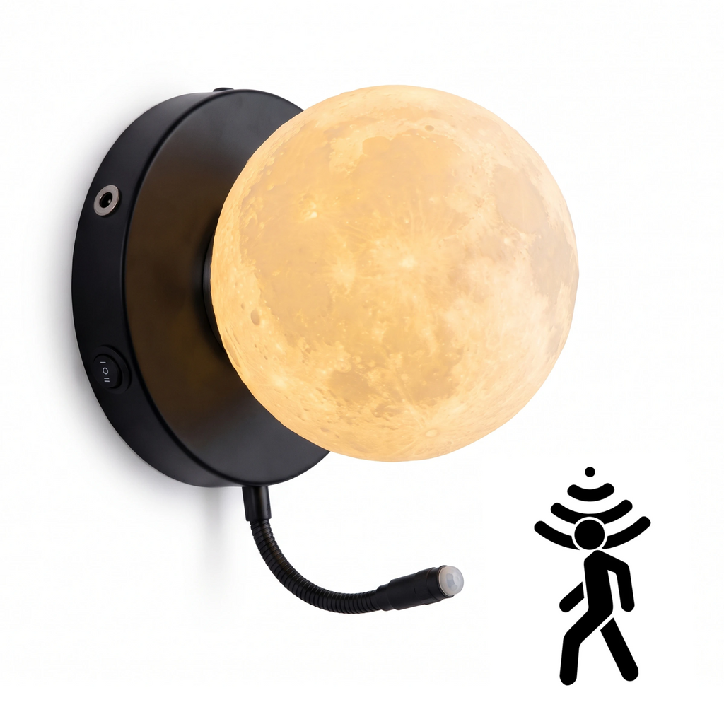 Rechargeable moon wall sconce with flexible motion sensor arm overall view