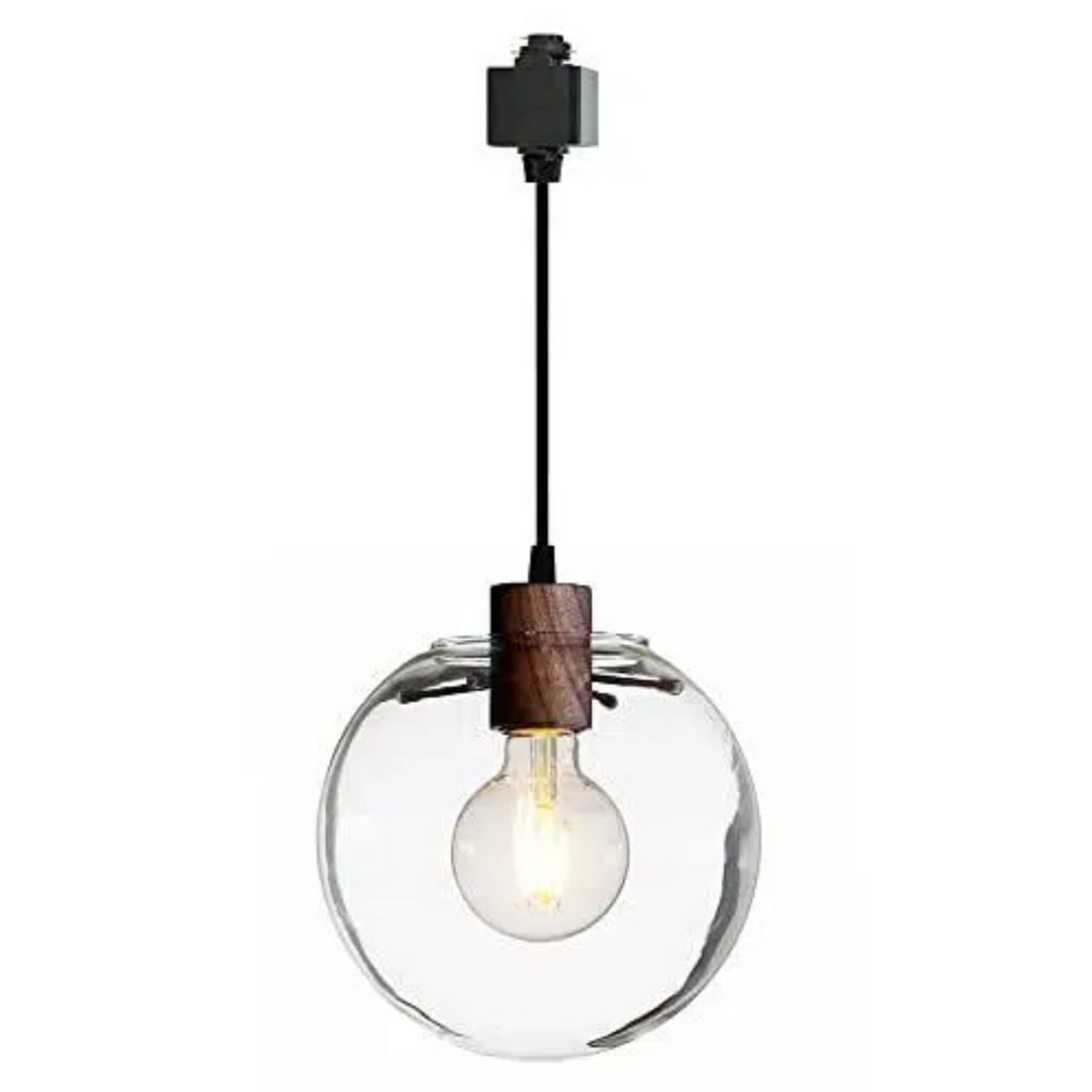 Dimmable H-Type Track Lighting Pendants with Retro Clear Glass Globe Shape Hand-Made Shade,1-Light 1ft Cord Wood Finished E26 Socket Restaurant Chandelier Kitchen Island Customizable