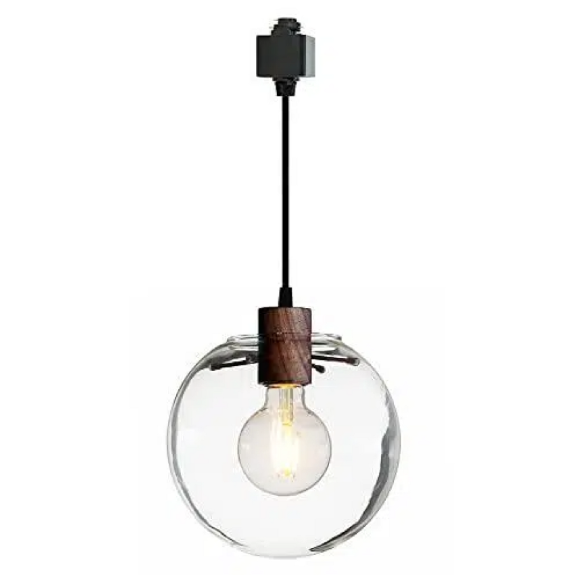 Dimmable H-Type Track Lighting Pendants with Retro Clear Glass Globe Shape Hand-Made Shade,1-Light 1ft Cord Wood Finished E26 Socket Restaurant Chandelier Kitchen Island Customizable