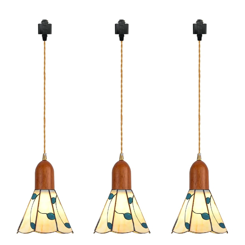 Dimmable H-Type Track Lighting Pendant Restaurant Wood Socket Industrial Shade Green Leaves Freehand Glass Cone Shape, Halo Track Mounted for Kitchen Island, 3 Lights,(Walnut Wood)