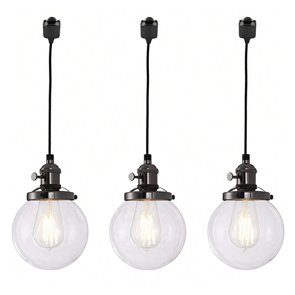 Kiven 3 Lights H-Track Lighting Pendant, Vintage Industrial Pendant Light Fixture with 5.9" Handmade Globe Clear Shade - Bronze