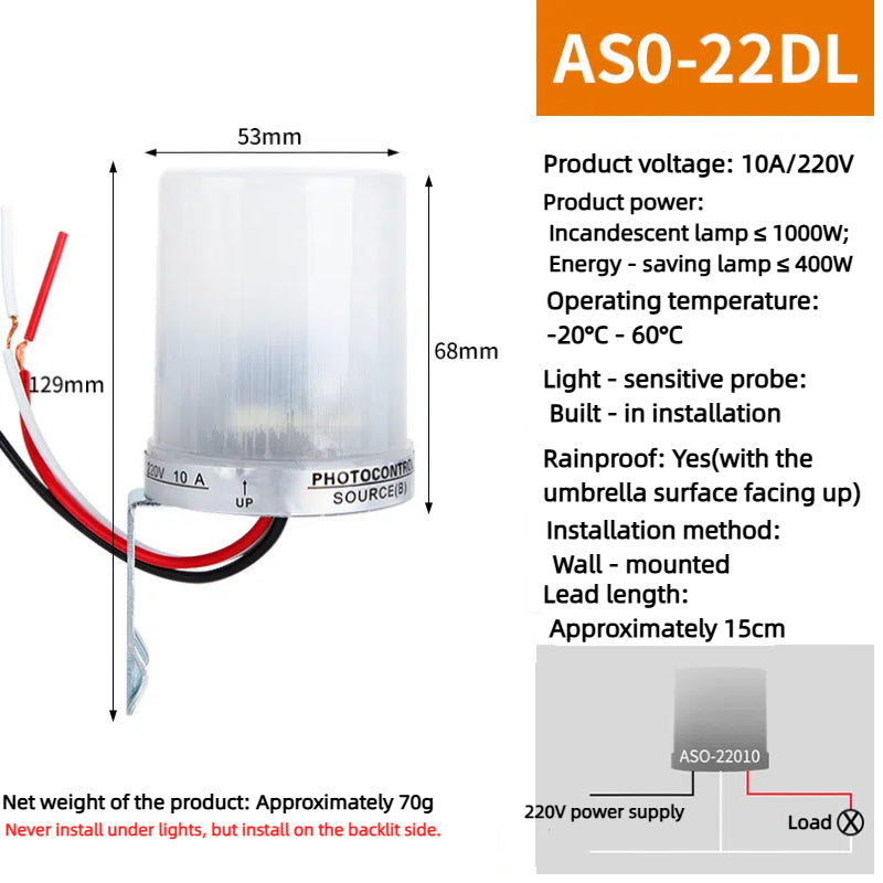 Kiven 220V Rainproof Light Sensor Switch AS-20, Automatic Night-On Photoelectric Switch, Smart Street Light Light Control Controller
