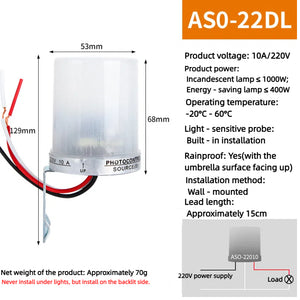 Kiven 110V Rainproof Light Sensor Switch AS-20, Automatic Night-On Photoelectric Switch, Smart Street Light Light Control Controller