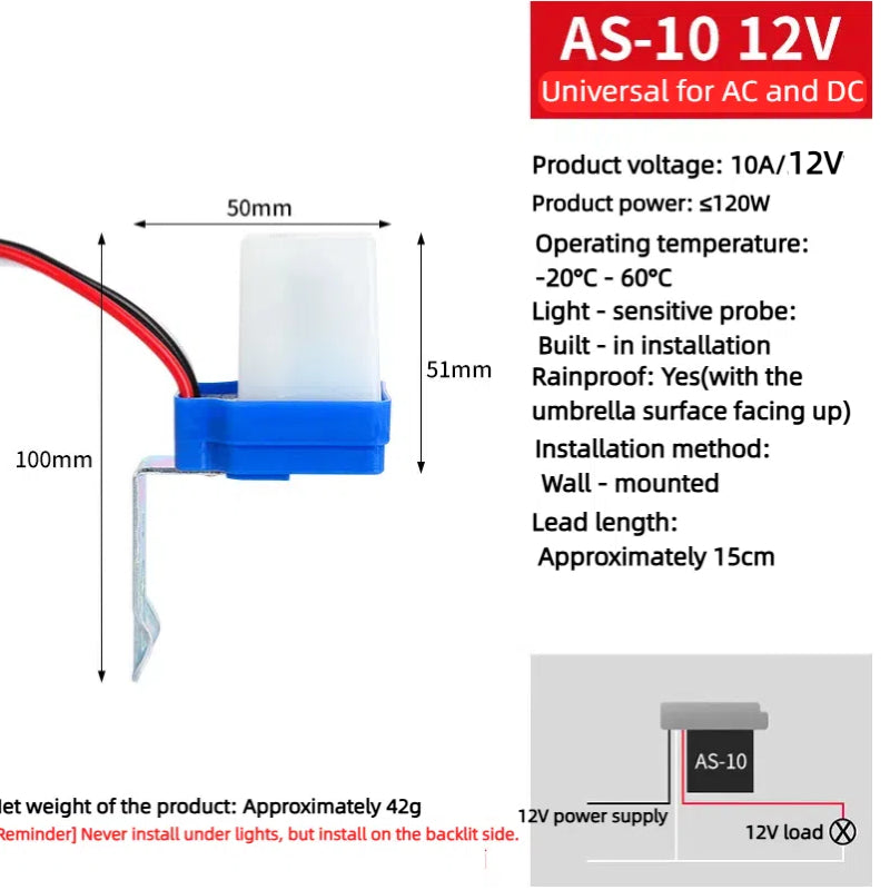 Kiven 220V Rainproof Light Sensor Switch AS-20, Automatic Night-On Photoelectric Switch, Smart Street Light Light Control Controller
