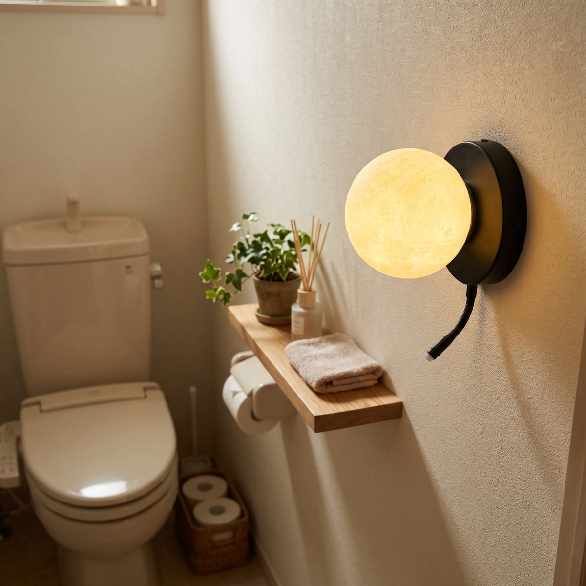 トイレの壁面に取り付けられたおしゃれな充電式月型人感センサーブラケットライトの設置実例