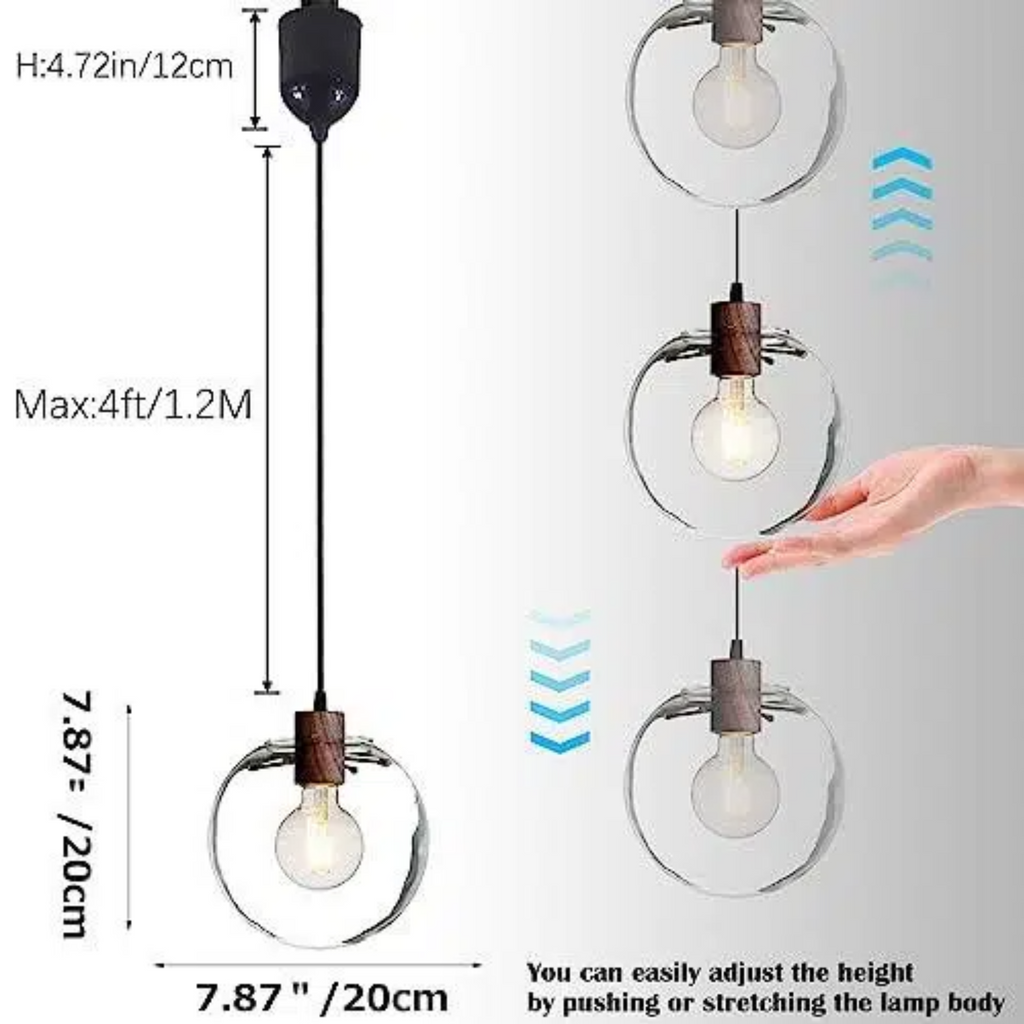 Dimmable H-Type Track Lighting Pendants with Retro Clear Glass Globe Shape Hand-Made Shade,1-Light 1ft Cord Wood Finished E26 Socket Restaurant Chandelier Kitchen Island Customizable