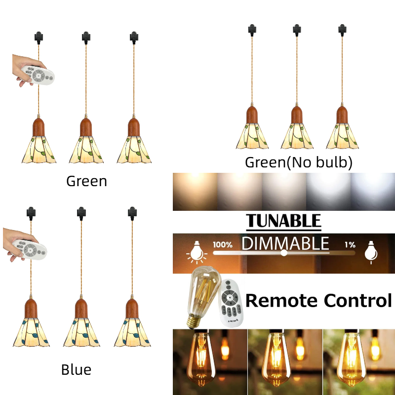 Dimmable H-Type Track Lighting Pendant Restaurant Wood Socket Industrial Shade Green Leaves Freehand Glass Cone Shape, Halo Track Mounted for Kitchen Island, 3 Lights,(Walnut Wood)