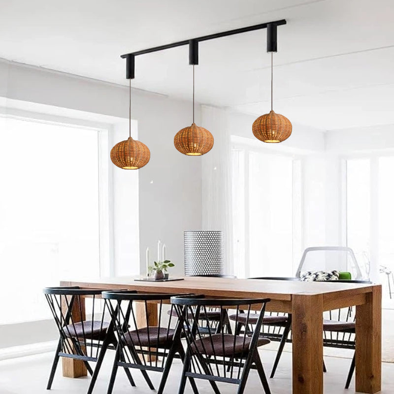 Kiven Woven Rattan H Track Pendant Light for Wabi - Sabi Decor: Suits Tea Room, Pastoral Dining Room, Living Room, Staircase, Guesthouse