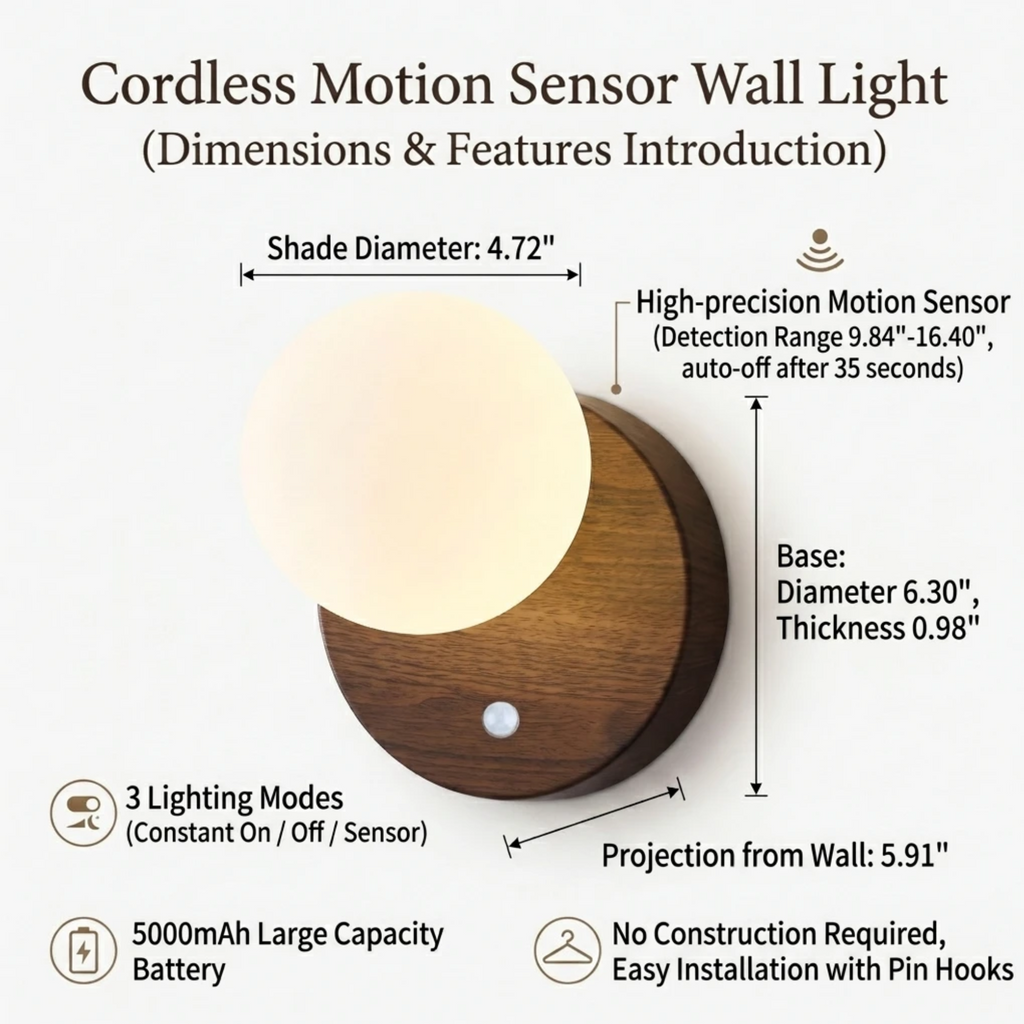 Product dimension and feature infographic of cordless wall sconce showing 5000mAh battery and 3 lighting modes
