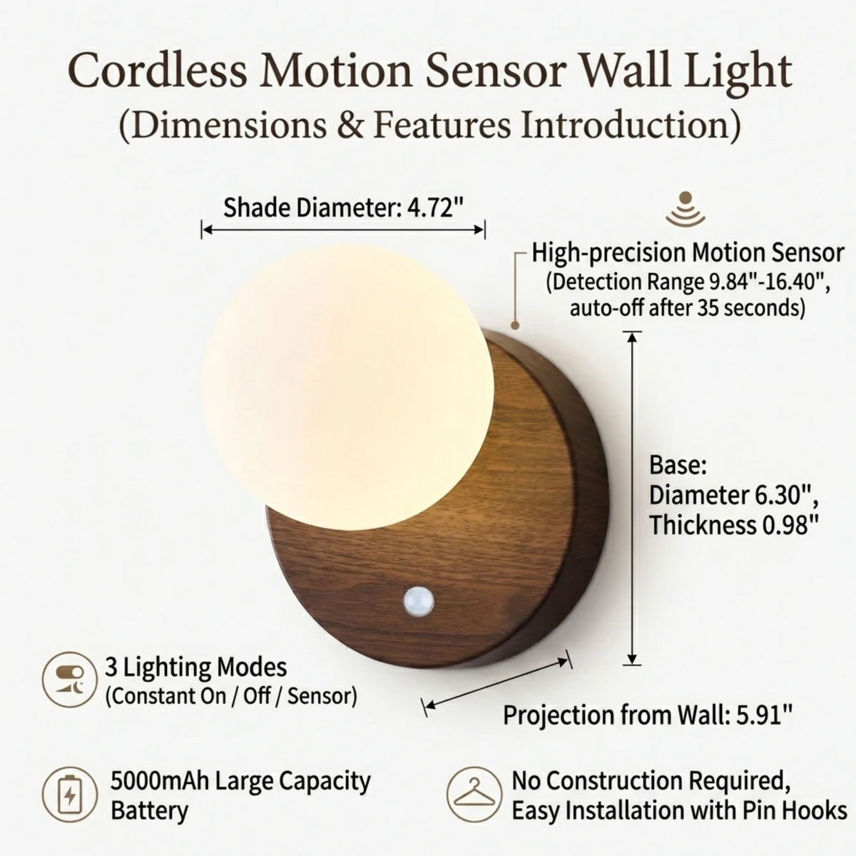 Product dimension and feature infographic of cordless wall sconce showing 5000mAh battery and 3 lighting modes