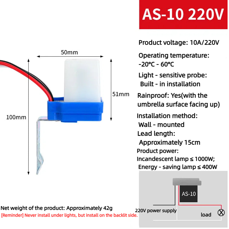 Kiven 220V Rainproof Light Sensor Switch AS-20, Automatic Night-On Photoelectric Switch, Smart Street Light Light Control Controller