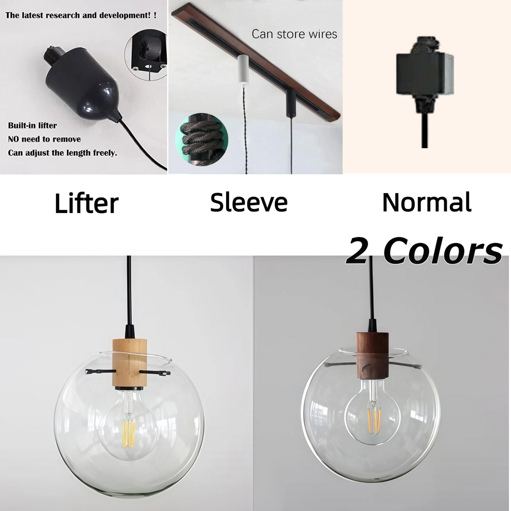 Dimmable H-Type Track Lighting Pendants with Retro Clear Glass Globe Shape Hand-Made Shade,1-Light 1ft Cord Wood Finished E26 Socket Restaurant Chandelier Kitchen Island Customizable