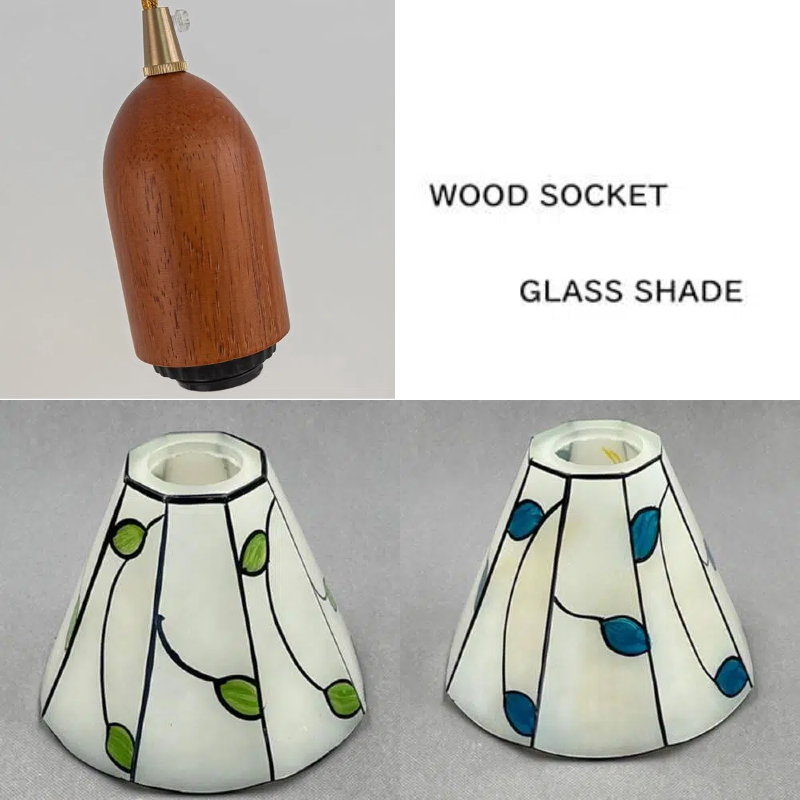 Dimmable H-Type Track Lighting Pendant Restaurant Wood Socket Industrial Shade Green Leaves Freehand Glass Cone Shape, Halo Track Mounted for Kitchen Island, 3 Lights,(Walnut Wood)