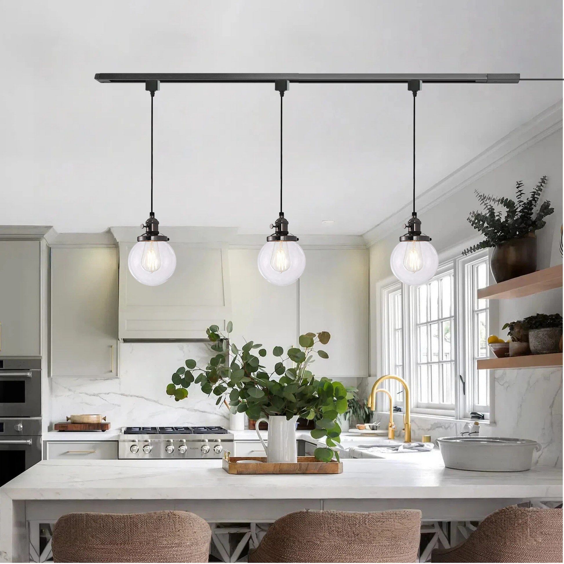 Kiven 3 Lights H-Track Lighting Pendant, Vintage Industrial Pendant Light Fixture with 5.9" Handmade Globe Clear Shade - Bronze