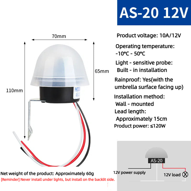 Kiven 220V Rainproof Light Sensor Switch AS-20, Automatic Night-On Photoelectric Switch, Smart Street Light Light Control Controller