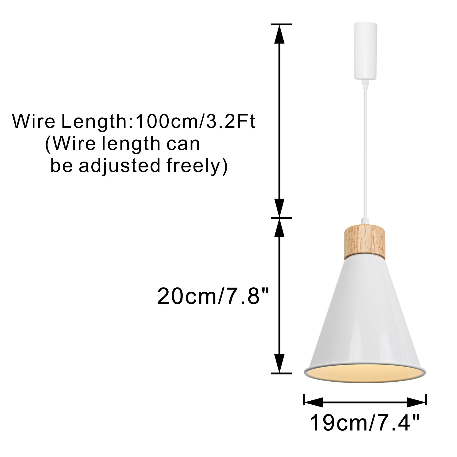 E26 White metal cone shade track pendant light with wood base, adjustable wire length, 3.2 ft, retro design lighting