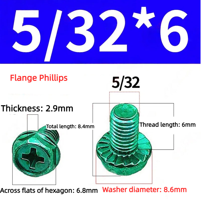 Kiven Green Screw 5/32 Thread, Imperial & Metric Thread Flange Phillips Slotted Hexagon Screw with Washer