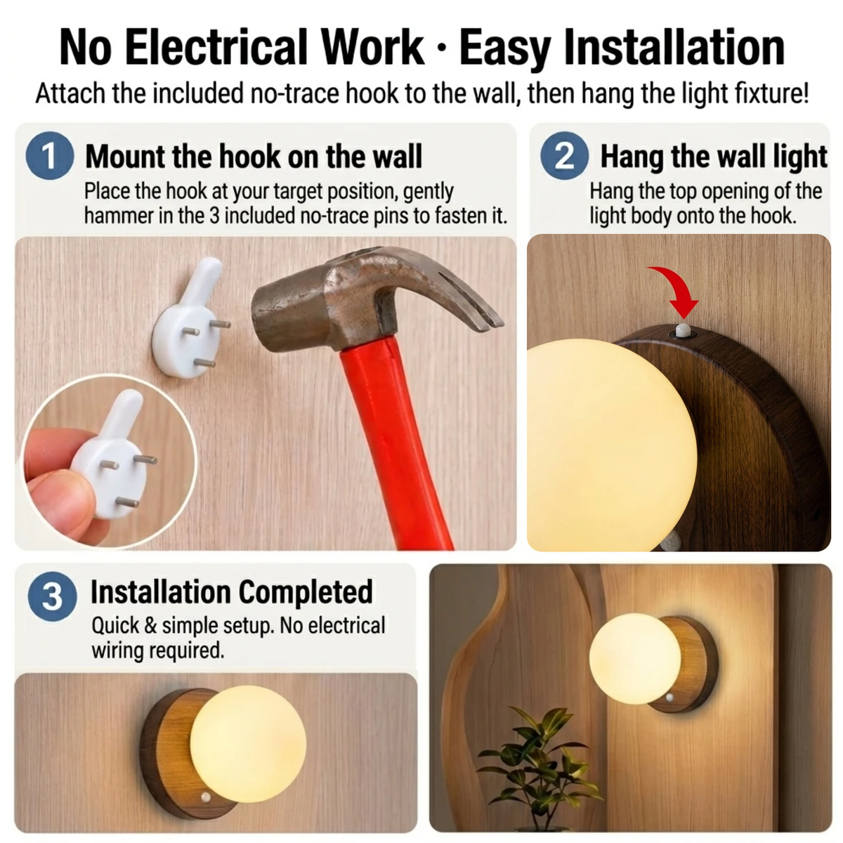 Easy no-drill installation guide for rental homes using pin hooks for the cordless wall light