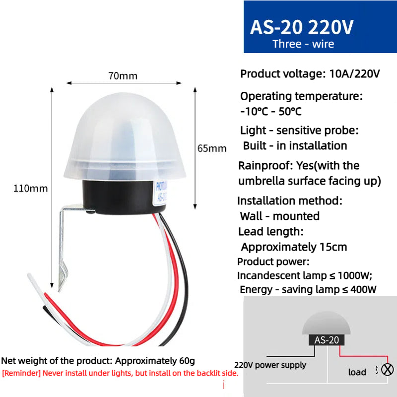 Kiven 220V Rainproof Light Sensor Switch AS-20, Automatic Night-On Photoelectric Switch, Smart Street Light Light Control Controller