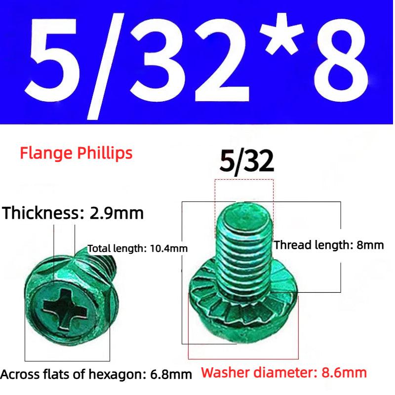 Kiven Green Screw 5/32 Thread, Imperial & Metric Thread Flange Phillips Slotted Hexagon Screw with Washer
