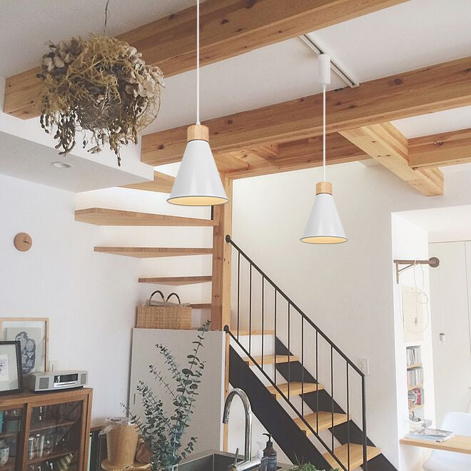E26 White metal cone shade track pendant lights with wood base, retro design for dining room, perfect for home lighting