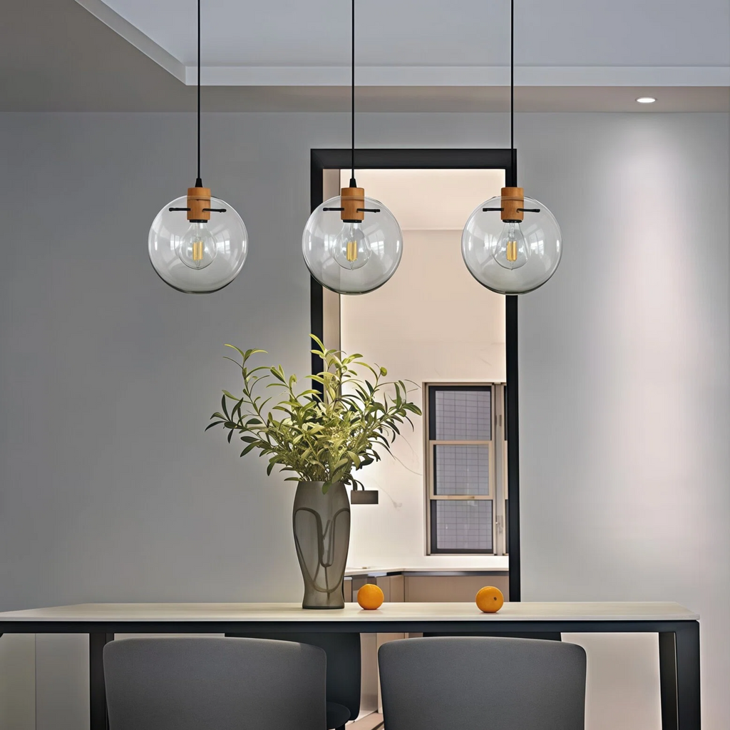 Dimmable H-Type Track Lighting Pendants with Retro Clear Glass Globe Shape Hand-Made Shade,1-Light 1ft Cord Wood Finished E26 Socket Restaurant Chandelier Kitchen Island Customizable