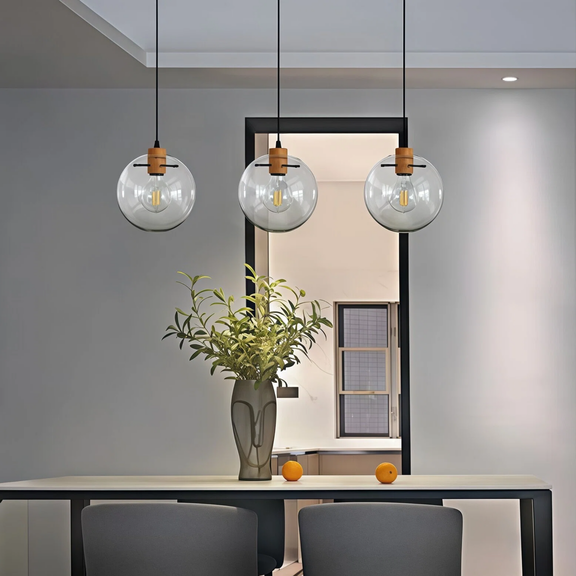 Dimmable H-Type Track Lighting Pendants with Retro Clear Glass Globe Shape Hand-Made Shade,1-Light 1ft Cord Wood Finished E26 Socket Restaurant Chandelier Kitchen Island Customizable