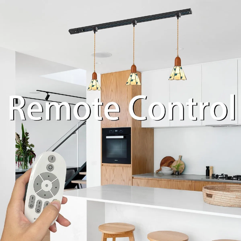 Dimmable H-Type Track Lighting Pendant Restaurant Wood Socket Industrial Shade Green Leaves Freehand Glass Cone Shape, Halo Track Mounted for Kitchen Island, 3 Lights,(Walnut Wood)