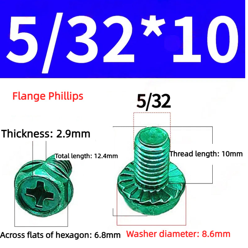 Kiven Green Screw 5/32 Thread, Imperial & Metric Thread Flange Phillips Slotted Hexagon Screw with Washer