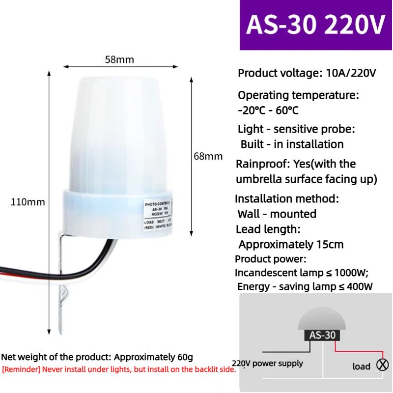 Kiven 220V Rainproof Light Sensor Switch AS-20, Automatic Night-On Photoelectric Switch, Smart Street Light Light Control Controller