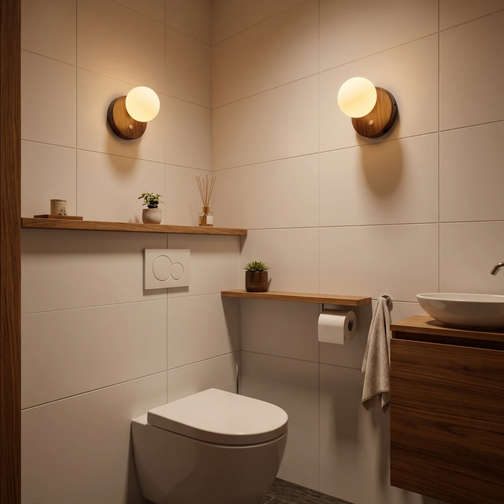 Cordless motion sensor wall light installed in a modern minimalist toilet, warm LED ambient lighting for rental homes