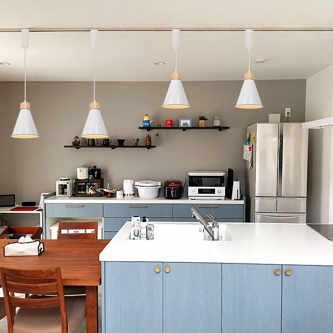White cone shade track pendant lights with wood base over kitchen, retro design lighting, E26 bulb